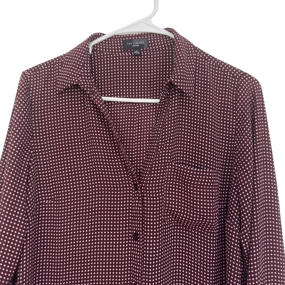The Limited Ashton Women SZ M Maroon & White Polka Dot Button-Up Shirt Blouse - Picture 12 of 12
